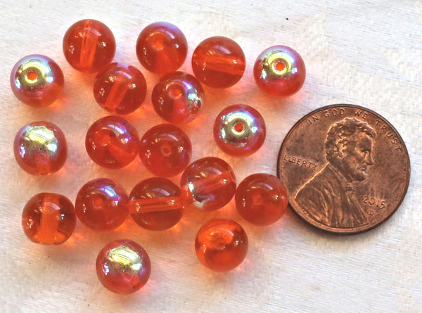 Lot of 25 8mm Hyacinth Orange AB smooth round druk beads, Czech glass druks C4325 - Glorious Glass Beads