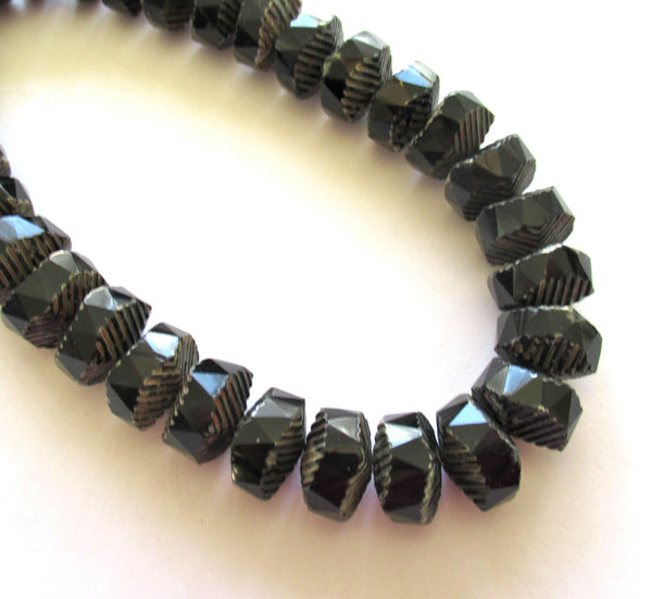 Six Czech glass faceted wavy rondelle beads - large 14 x 6mm opaque black picasso chunky rondelles - C00661