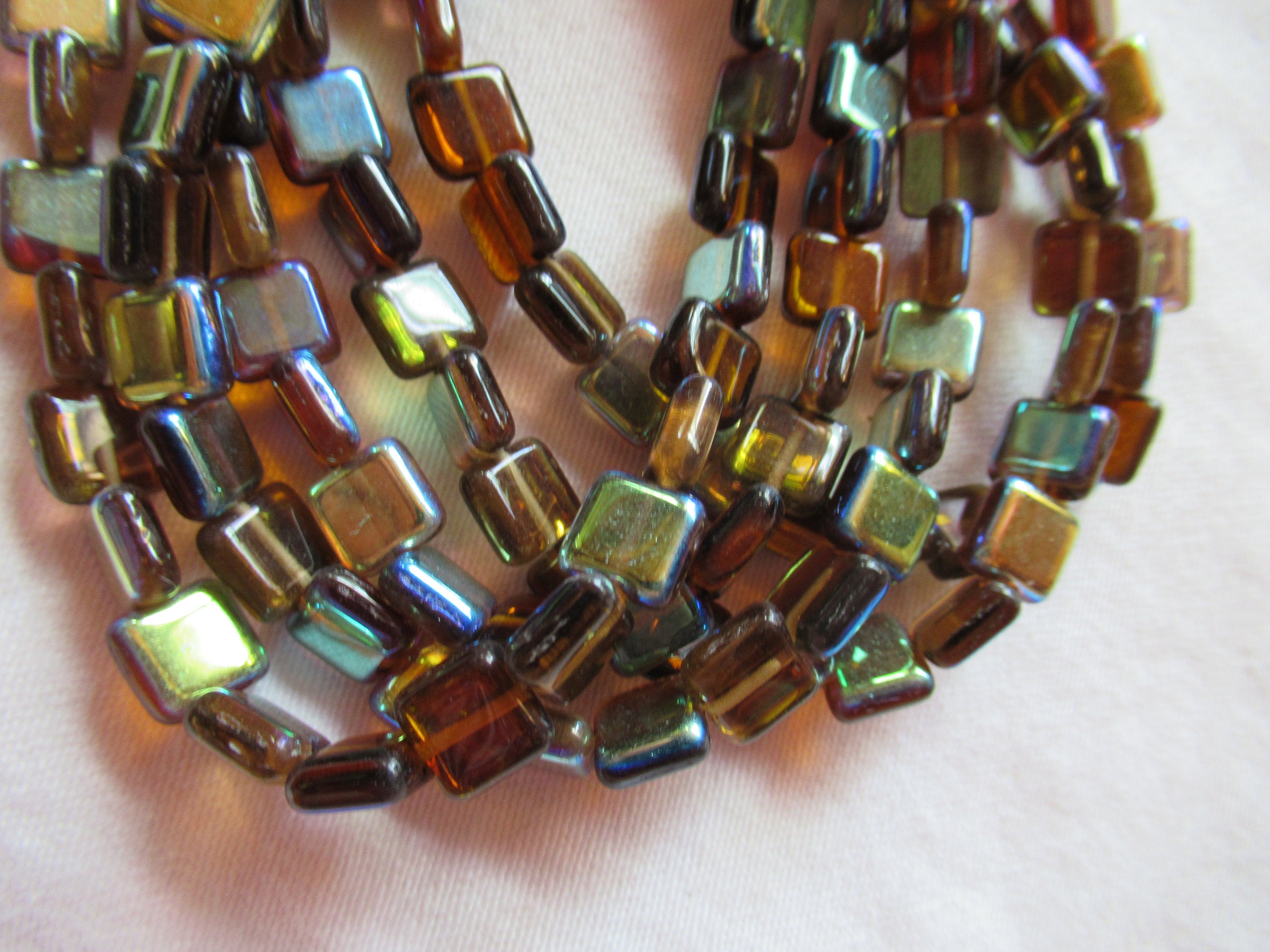 Lot of 30 8mm one hole flat square Czech glass beads - topaz brown beads with an iridescentt AB finish C10101