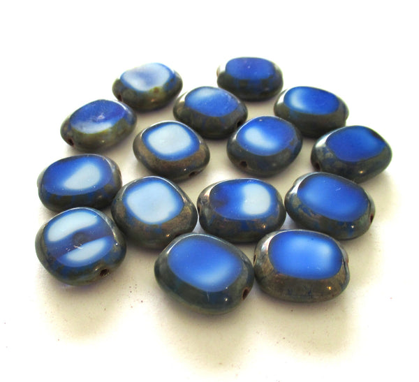 Six Czech glass oval beads - thick 14 x 12mm opaque marbled royal blue & white glass table cut window beads with picasso accents C00231