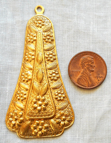 1 Raw Brass Stamping, Victorian, Art Nouveau, Deco large dangle, pendant, charm, drop, earring, 65mm x 31mm, made in the USA C0801 - Glorious Glass Beads
