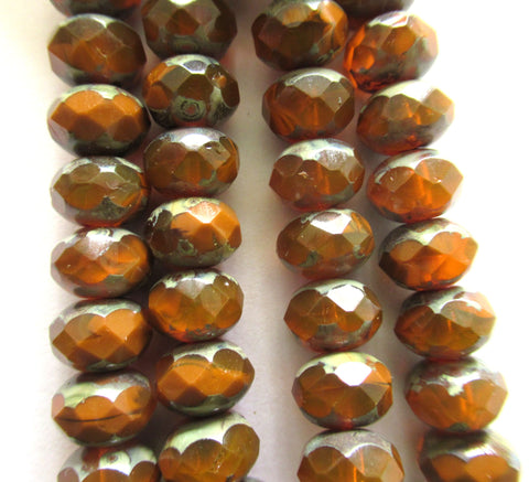 25 Czech glass faceted puffy rondelle beads - burnt orange brown rust opaque & transparent picasso mix 6 x 8mm rustic earthy rondelles 00591
