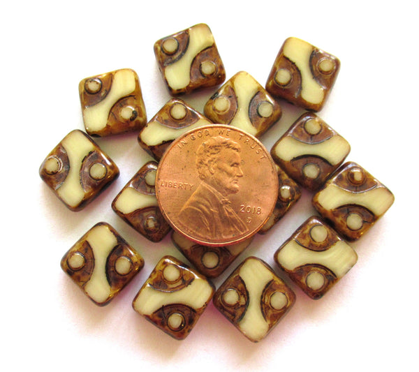 Ten 10 x 10mm Czech glass square beads - opaque off white picasso, table cut, carved dot beads - earthy, rustic beads - C00311