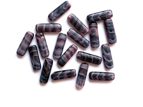 15 Czech glass flat tube beads - 6 x 17mm marbled, striped pink and gray beads C0311