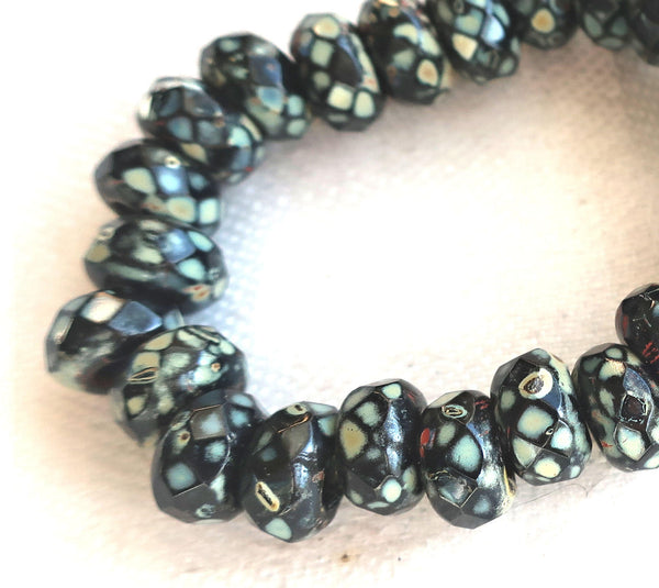Ten 9mm x 6mm Jet Black Picasso Czech glass beads, faceted round roller, rondelle beads, big 3.5mm hole beads C50110
