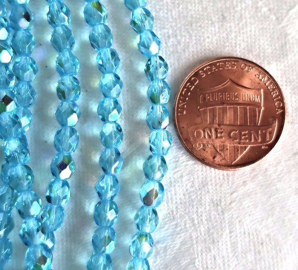 Lot of 50 4mm Aqua Blue AB Czech glass beads, firepolished faceted round beads C8501 - Glorious Glass Beads