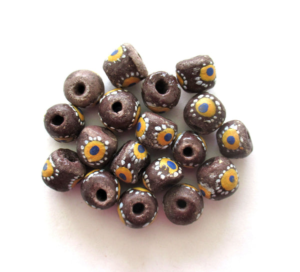 10 African Ghana Krobo round recycled glass beads - brown beads w/ orange blue & white dots - 10 - 11mm - big hole rustic beads - C00211