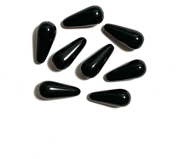 Six large Czech glass teardrop beads - 20 x 9mm jet black drop or pear beads - C0004