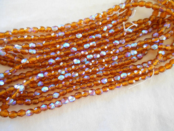 50 4mm Czech glass topaz amber AB beads, firepolished faceted round glass beads C5601