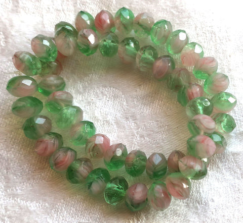 25 6 x 9mm Czech glass puffy rondelles, marbled multicolored mix of milky pink & transparent green faceted puffy rondelle beads, C76225 - Glorious Glass Beads