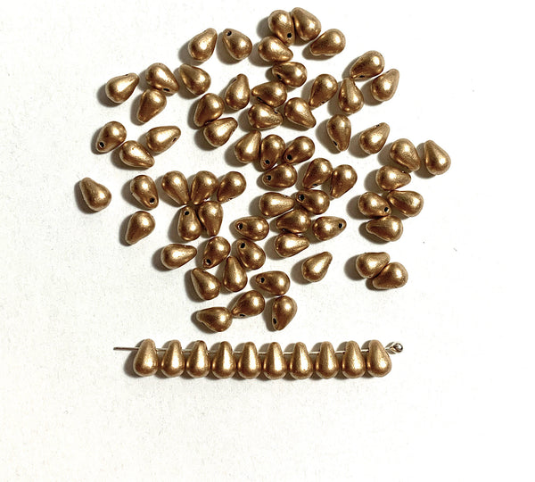 Fifty Czech glass teardrop beads - 6 x 4mm matte metallic gold drop or pear beads - C0043
