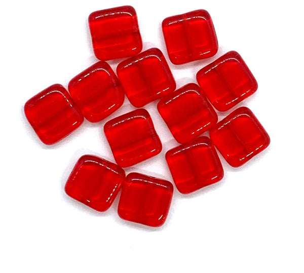Twenty 9mm square Czech glass beads - transparent Siam red pressed glass beads C0087