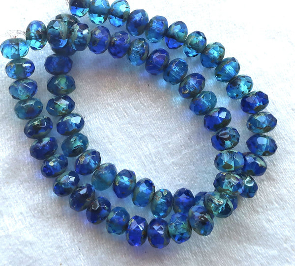 30 small puffy rondelle beads, transparent sapphire & aqua blue picasso mix, 3 x 5mm faceted Czech glass rondelles C53101