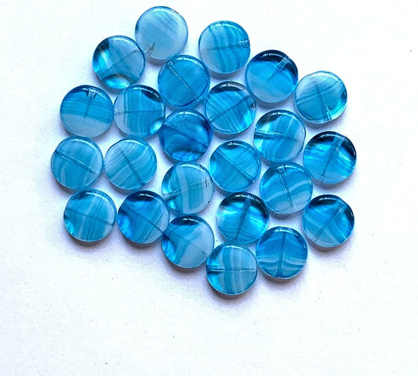 15 Czech glass coin beads - 10mm aqua blue marbled, milky, striped disc beads C0057