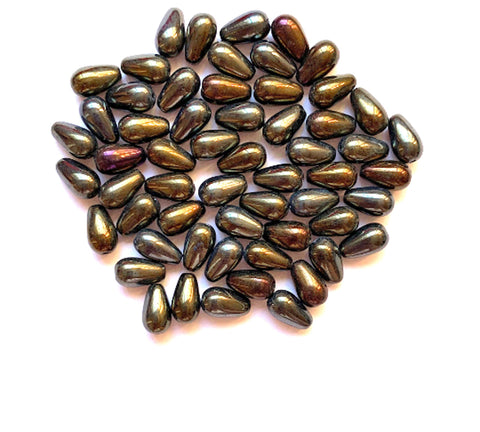 Lot of 25 10 x 6mm Czech glass brown iris teardrop beads - center drilled smooth drop beads C0034