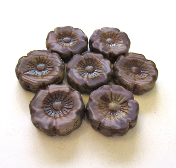 2 large 22mm Czech glass flower beads - Table cut carved silky marbled purple or amethyst picasso beads - Hawaiian hibiscus focal - 00881