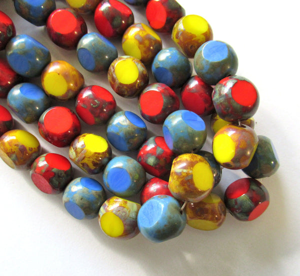 Twenty 12mm Czech glass beads - table cut Tri-cut opaque red blue yellow color mix with a picasso finish window beads - C00424