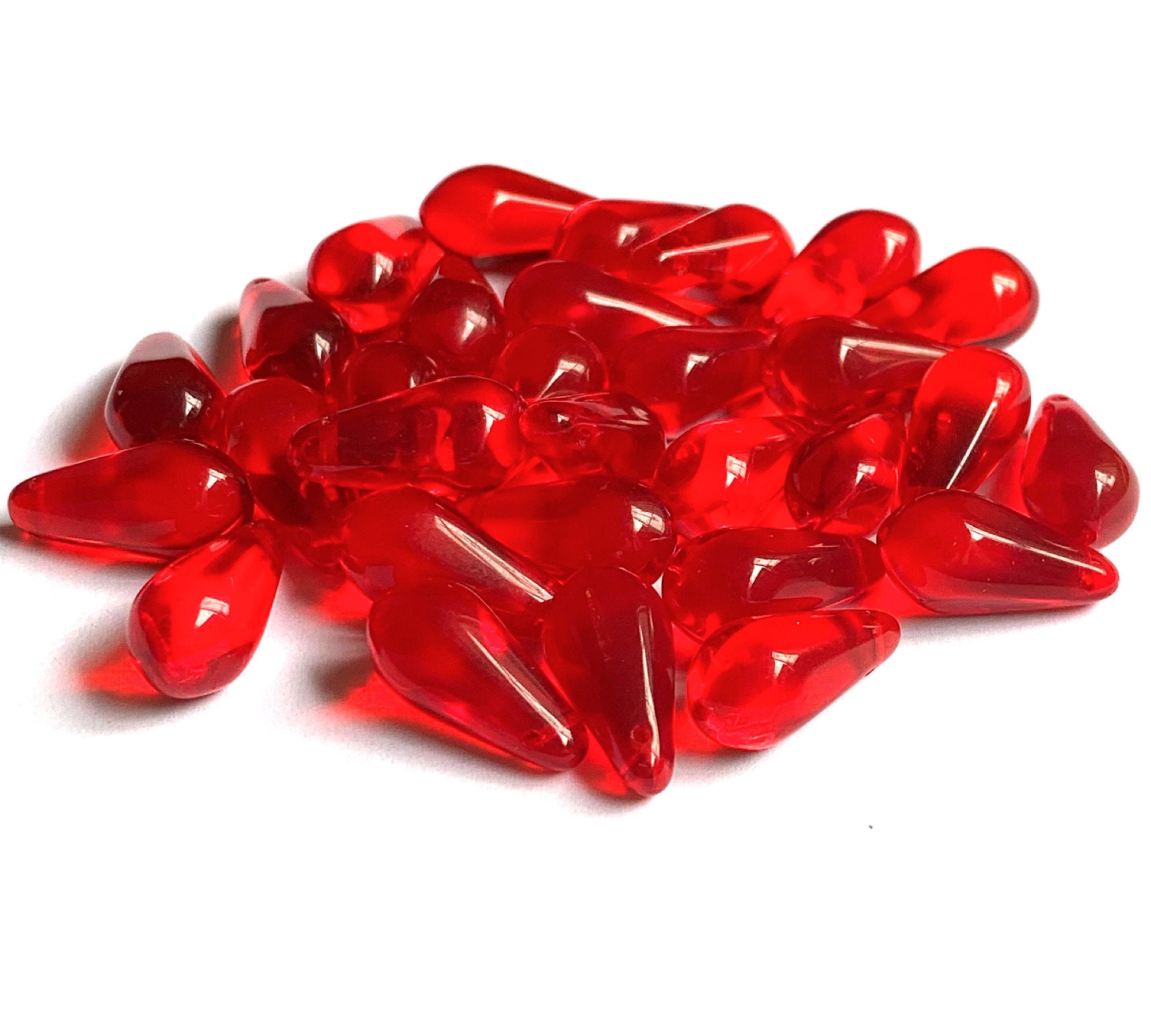 Ten large Czech glass teardrop beads - 9 x 18mm transparent Siam red pressed glass side drilled six sided drops C0054