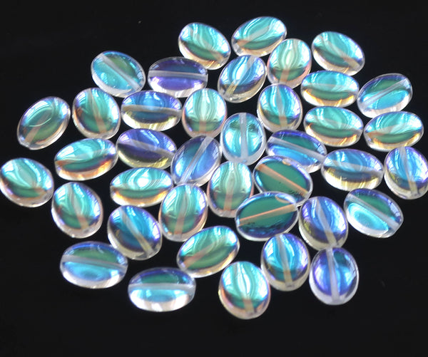 25 Crystal AB flat oval Czech Glass beads, 12mm x 9mm pressed glass beads C7525 - Glorious Glass Beads