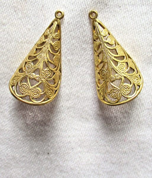 2 raw brass stampings - pair cone shaped ornate Victorian filigree earrings or charms with ring - 28.5mm x 14mm - USA made C7602