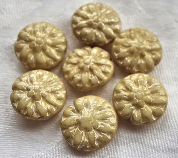 Five Czech glass Dahlia flower beads, opaque cream , ivory, off white with a mercury finish - 14mm floral disc or coin beads C00105 - Glorious Glass Beads