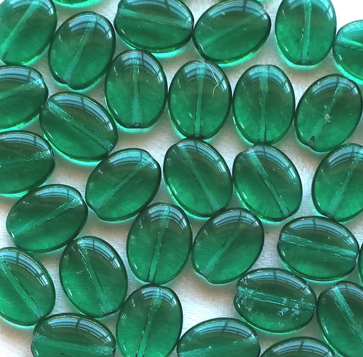 25 Teal Green flat oval Czech Glass beads, 12mm x 9mm pressed