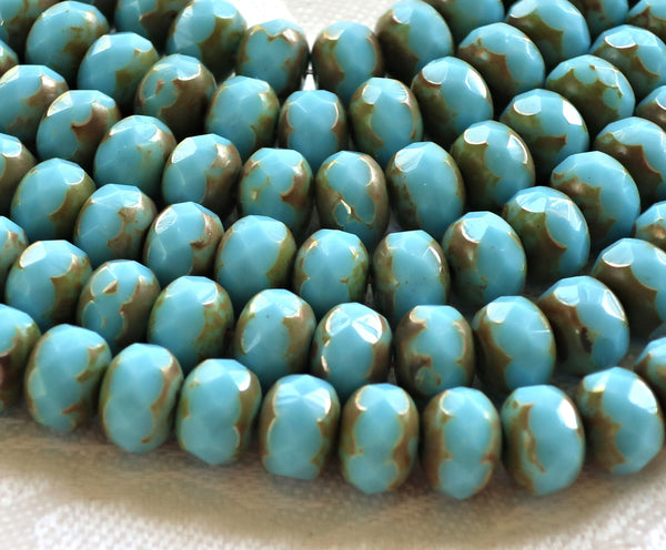 25 6 x 9mm Czech Turquoise Blue Picasso Faceted Puffy Rondelle Beads, blue Czech glass beads C28125 - Glorious Glass Beads