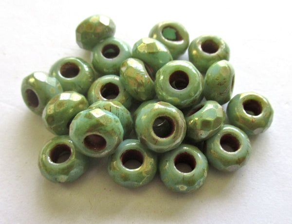 Ten 8.5 x 5mm turquoise green picasso Czech glass beads, faceted round roller, rondelle beads - big 3.5mm hole beads C0441