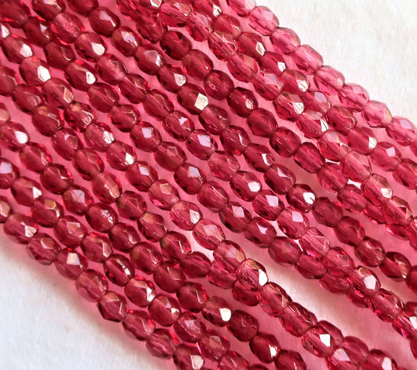 Lot of 50 3mm Fuchsia Czech glass beads -pink firepolished, faceted round beads, C6650 - Glorious Glass Beads