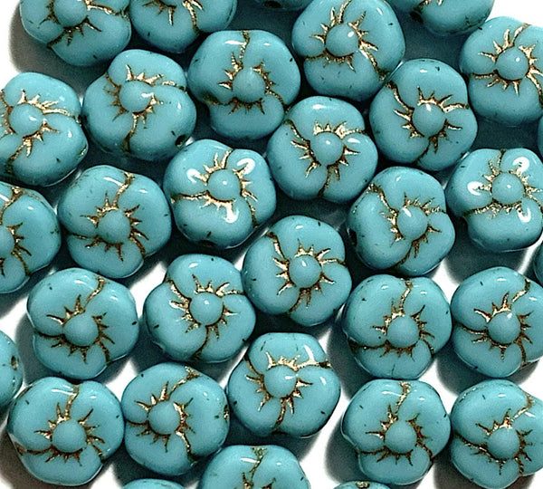 Twenty 9mm Czech pansy flower beads - turquoise blue flower beads with gold accents - C0331