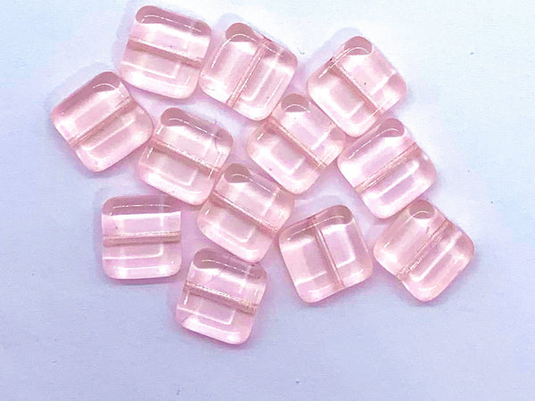 Twenty 9mm square Czech glass beads - transparent pink pressed glass beads C0026