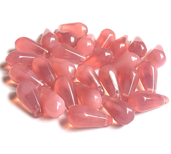 Ten large Czech glass teardrop beads - 9 x 18mm milky pink opal side drilled pressed glass faceted drops six sides C0095