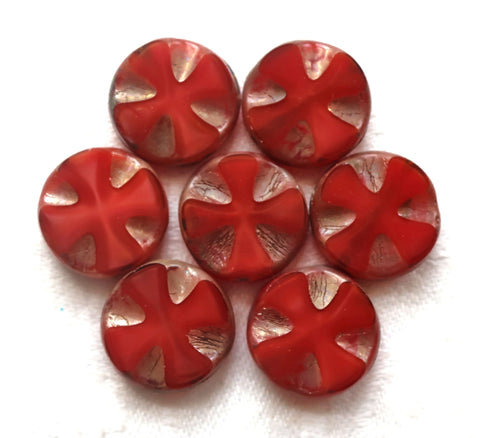 Five Czech glass beads, table-cut, carved, disc or coin beads, marbled tomato red Celtic, Iron cross with a silvery picasso finish C00101 - Glorious Glass Beads