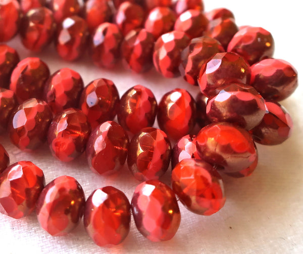 Lot of 25Czech glass puffy faceted rondelle beads, 5 x 7mm opaque & transparent bright coral red picasso rondelles, C00201 - Glorious Glass Beads