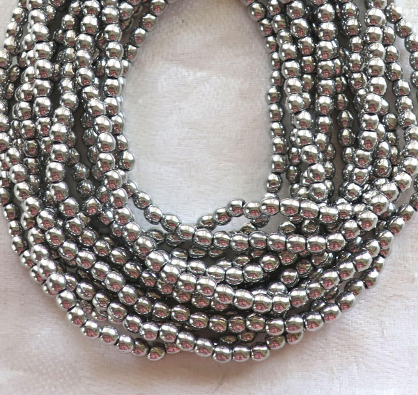 Lot of 100 3mm metallic silver Czech glass druks, smooth round druk beads C0601
