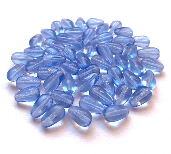 Lot of 25 10 x 6mm Czech glass light sapphire blue teardrop beads - center drilled smooth drop beads C0023