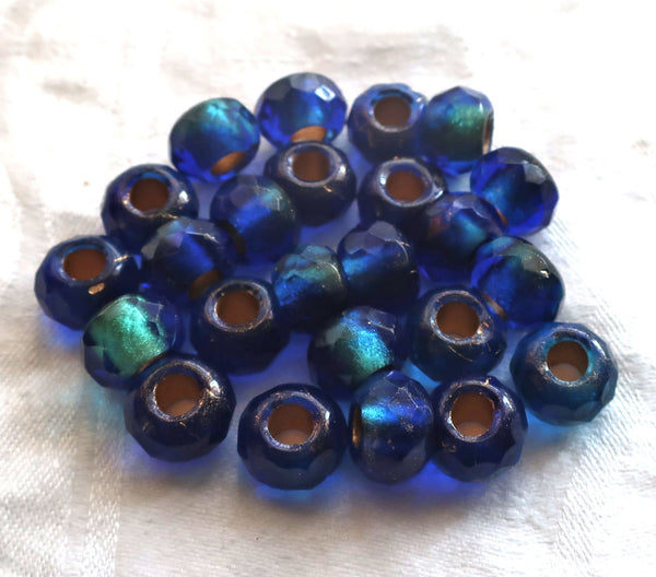 Five 12mm x 8mm Czech glass faceted roller beads - large gold lined cobalt & aqua blue mix - big 5mm holes, big hole bead 41101 - Glorious Glass Beads