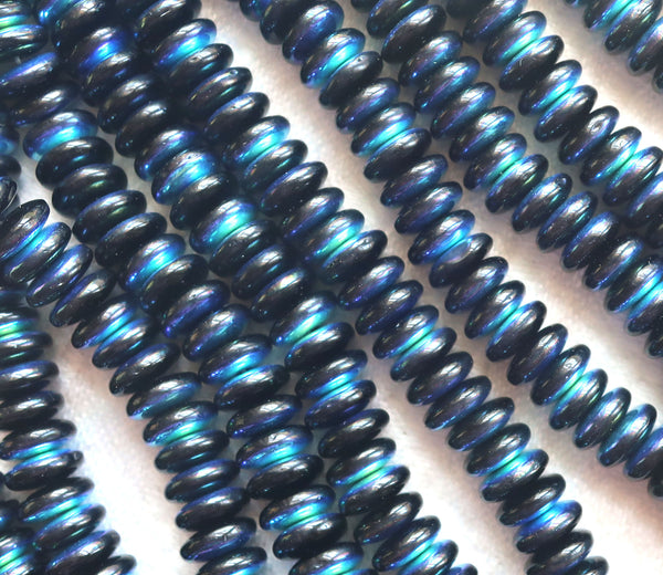 Lot of 50 6mm Czech glass rondelle beads, jet black AB flat spacers or rondelles C4801
