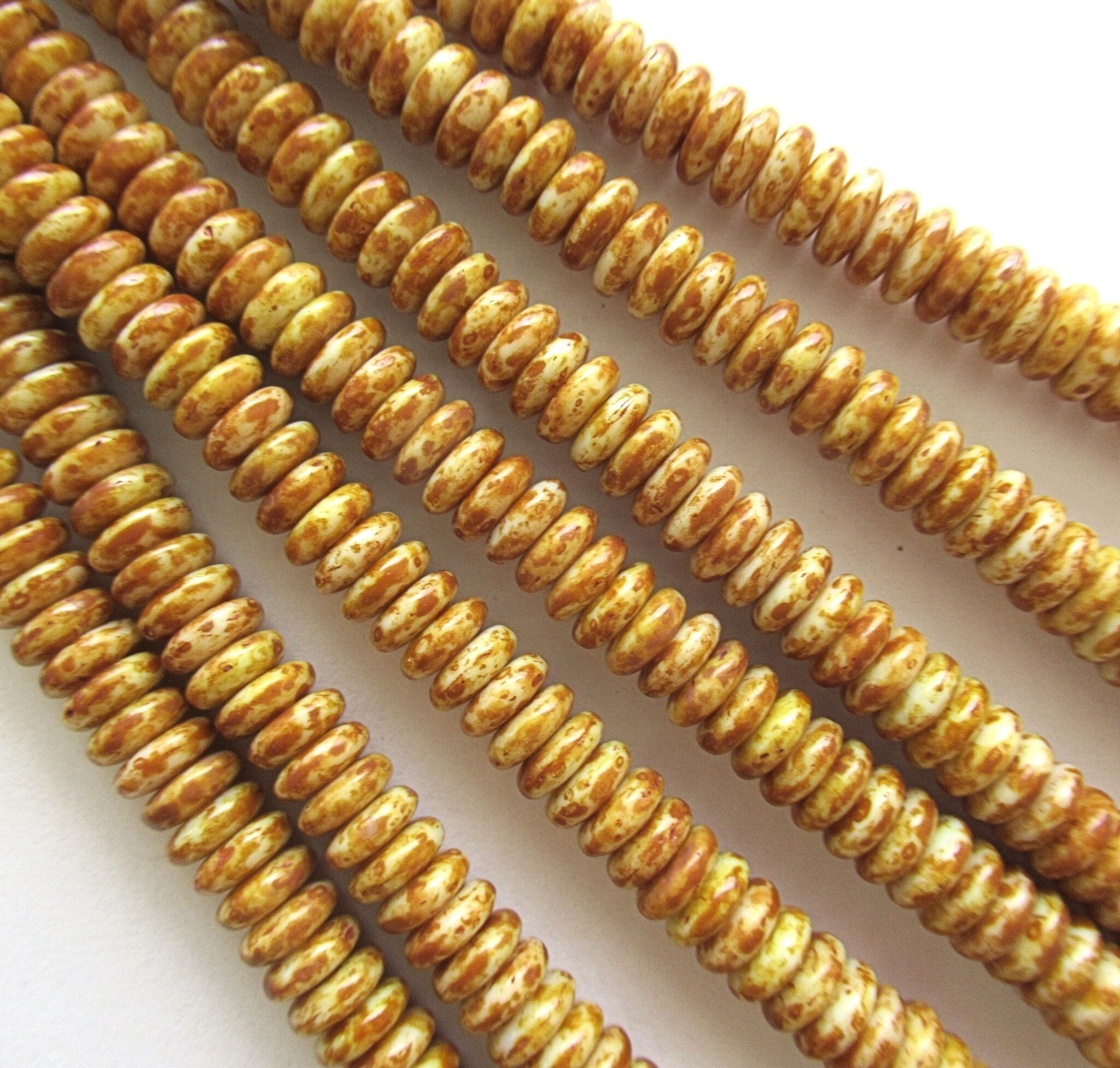 Lot of 50 6mm Czech glass rondelle beads - opaque white picasso flat spacers or rondelles C0094
