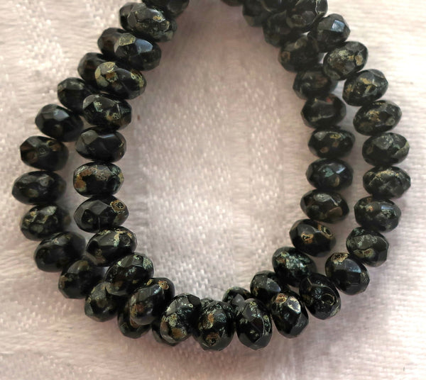 30 small Czech glass puffy rondelle beads - 3mm x 5mm - opaque jet black w/ a full picasso coat - faceted rondelles 5601