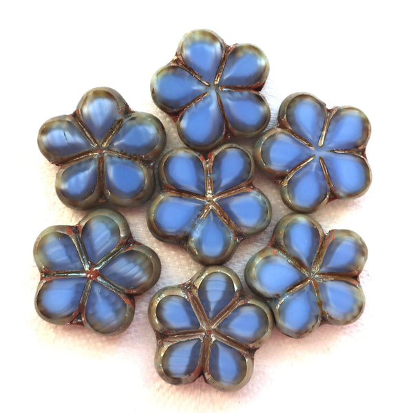 Lot of five 17mm table cut, carved,opaque, marbled denim blue with silver picasso accents, Czech glass flower beads C51105