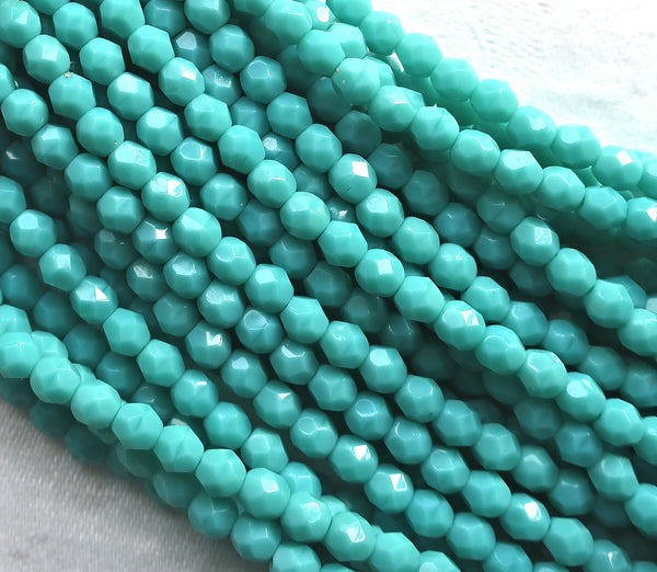 Lot of 50 4mm Turquoise Green Czech glass beads, opaque blue green firepolished, faceted round beads, C7601
