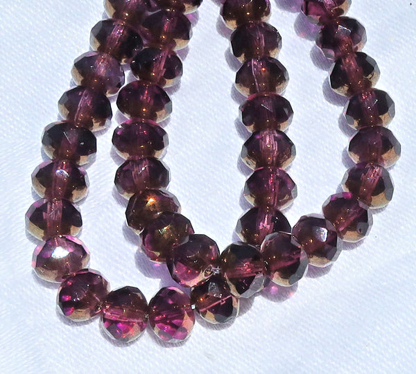 25 Czech glass faceted puffy rondelle beads - 5 x 7mm transparent & purple / amethyst with a bronze picasso finish rondelles C00201 - Glorious Glass Beads