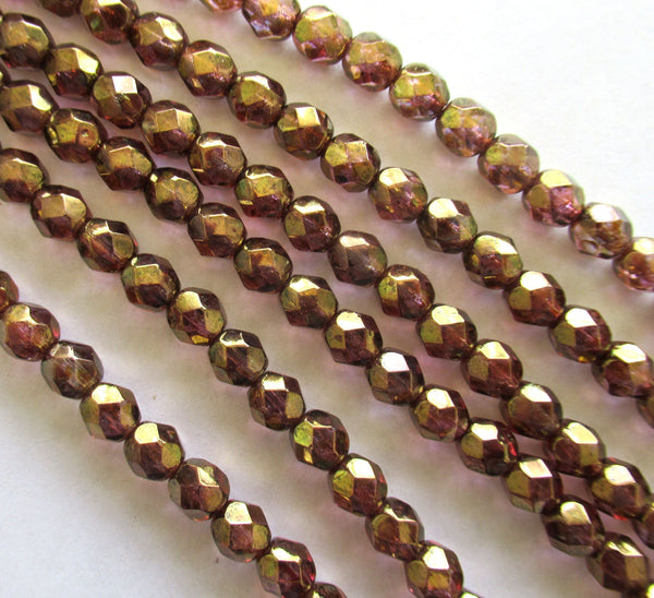 25 faceted round Czech glass beads - 6mm fire polished smoky topaz (brown) luster w/ gold finish beads - C0065