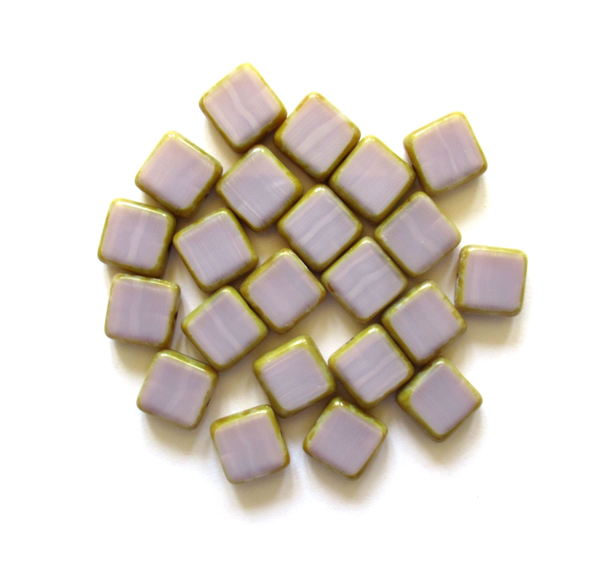 Fifteen Czech glass square beads - 10 x 10mm - opaque light purple / lavender - table cut beads - C00331