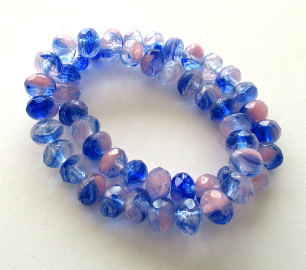 Lot of 25 Czech glass faceted puffy rondelle beads - 5 x 7mm pink, crystal & blue marbled mix rondelles C00612