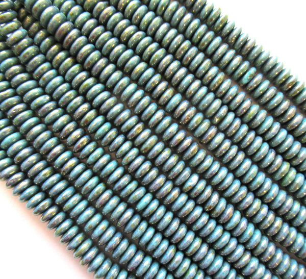 Lot of 50 6mm Czech glass rondelle beads - opaque turquoise blue bronze picasso flat spacers or rondelles C00111