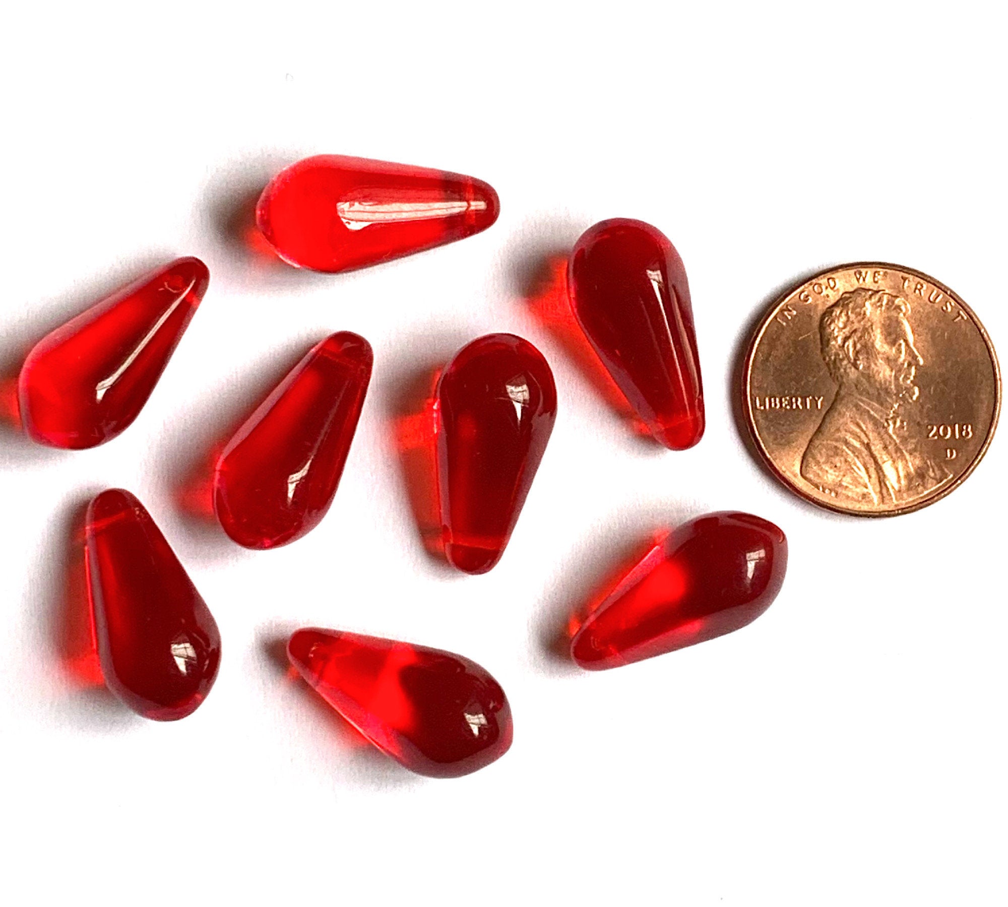 Ten large Czech glass teardrop beads x 18mm transparent Siam red pressed glass side drilled six sided drops C0054 x 18mm