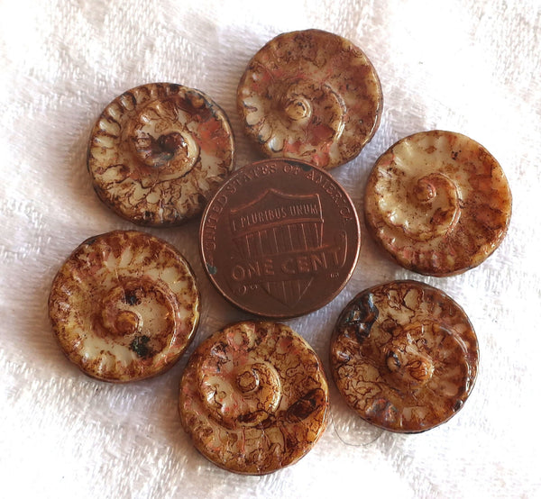 Six large Czech glass snail fossil beads, 18mm off white with full coat brown picasso finish, neutral earthy, rustic coin / disc beads C0616 - Glorious Glass Beads