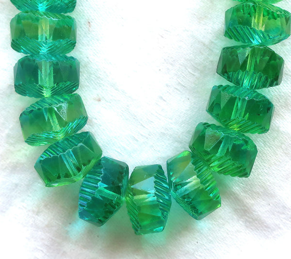 Six Czech glass faceted wavy rondelle beads, large 14 x 6mm aqua blue & lime green AB, chunky rondelles, C18101 - Glorious Glass Beads
